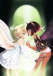  angel angel_and_devil angel_wings bat_wings black_hair blonde_hair blue_eyes bracelet braid brown_eyes dark_skin demon_girl demon_tail demon_wings dress halo holding_hands horns jewelry long_hair multiple_girls nail_polish neck_ring okishiji_en original panties ponytail red_eyes red_hair short_hair single_braid tail underwear white_panties wings yuri 