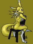  2011 bandai_namco breasts butt canid canine chair digimon digimon_(species) female fox fur furniture hi_res ldr looking_at_viewer mammal nude renamon side_boob simple_background sitting solo yellow_background yellow_body yellow_fur yellow_theme 