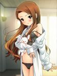  black_panties blush bow bow_panties brown_eyes brown_hair camisole forehead idolmaster idolmaster_(classic) long_hair looking_at_viewer minase_iori navel off_shoulder open_clothes open_shirt oversized_clothes oversized_shirt panties ryunnu shirt sleeves_past_wrists solo strap_slip stuffed_animal stuffed_bunny stuffed_toy underwear underwear_only 