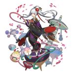  1girl addis daruma_doll dragalia_lost euden floral_print flower hair_flower hair_ornament ieyasu_(dragalia_lost) japanese_clothes kimono long_hair new_year non-web_source notte_(dragalia_lost) official_art ranzal sash sazanka_(dragalia_lost) silver_hair solo spinning_top 