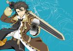  alvin_(tales) bad_id bad_pixiv_id blue_background brown_eyes brown_hair character_name copyright_name cravat gloves gun male_focus scarf smile sumeshi_(ambivalince) sword tales_of_(series) tales_of_xillia weapon 