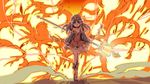  atelier_(series) atelier_totori bare_shoulders blue_sleeves explosion grey_hair hat long_hair magic orange_background see-through solo staff standing strap_slip totooria_helmold yasunao_(yasunao-z) 