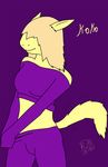  breasts clothed clothing female hair koko long_hair pants plain_background purple_background purple_clothing renabu shirt solo tailwag undressing unknown_species 