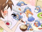  &gt;_&lt; :t blood blue_hair blush brown_hair chibi chopsticks closed_eyes coffee cup dress drooling egg food food_on_face hairband hat ikamusume lying mameshiba mini-ikamusume minigirl miso_soup mug multiple_girls nagatsuki_sanae nosebleed on_stomach rice salad sausage shinryaku!_ikamusume shrimp spitting squid_ink tears tempura tentacle_hair 