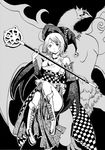  1girl boots choker detached_sleeves female final_fantasy final_fantasy_x full_body hat japanese_clothes monochrome robe short_hair solo staff t-a_(gearx) valefor witch_hat yuna 