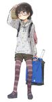  asasow backpack bag black_hair full_body glasses hood hood_down hoodie legwear_under_shorts long_hair looking_away original pantyhose poster_(object) purple_eyes scratching_head shoes shopping_bag shorts simple_background solo standing striped striped_legwear sweater 