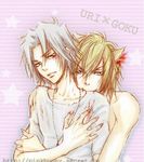  2boys animal_ears bare_shoulders bite biting blonde_hair blush brown_eyes brown_hair cat_ears claws gokudera_hayato green_eyes hug jewelry katekyo_hitman_reborn! multiple_boys necklace nekomimi nude scratch shirt shoulder silver_hair t-shirt torn_clothes uri yaoi 