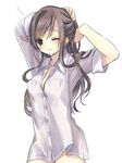  brown_hair copyright_request dress_shirt long_hair looking_at_viewer miyoshino naked_shirt no_bra no_panties one_eye_closed shirt sleeves_rolled_up solo source_request 