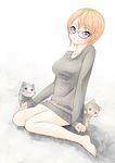  bad_id bad_pixiv_id bare_legs barefoot blue_eyes bottomless cat feet glasses looking_at_viewer naked_sweater nekobaka no_pants open_mouth orange_hair original red-framed_eyewear short_hair simple_background sitting smile solo sweater toes wariza 