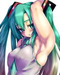  arm_up armpits between_breasts breasts green_eyes green_hair haseru_(ginku_mh) hatsune_miku highres long_hair necktie simple_background solo vocaloid 