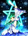  arm_up armpits bad_id bad_pixiv_id bare_shoulders blue_skirt blush breasts detached_sleeves gohei green_hair hair_ornament hair_tubes kochiya_sanae kozue1120 long_hair medium_breasts medium_skirt no_bra open_mouth pentagram print_skirt skirt snake solo star touhou upper_body yellow_eyes 