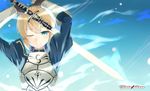  ahoge armor artoria_pendragon_(all) bad_id bad_pixiv_id blonde_hair caliburn cccpo dress fate/zero fate_(series) gauntlets glowing glowing_weapon green_eyes one_eye_closed puffy_sleeves saber solo sword weapon 