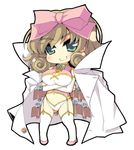  bare_shoulders blonde_hair bow breasts bridal_gauntlets cape chibi cleavage cleavage_cutout crossed_arms garter_straps green_eyes grin hair_bow haruka_(senran_kagura) large_breasts midriff rikumaru senran_kagura senran_kagura_shoujo-tachi_no_shin'ei shirt smile solo taut_clothes taut_shirt test_tube 