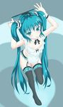  :p apron aqua_eyes aqua_hair arms_up bad_id bad_pixiv_id collar garter_belt hatsune_miku highres jixing_renou lace lace-trimmed_panties long_hair naked_apron no_panties object_on_head panties panties_on_head solo thighhighs thong tongue tongue_out twintails underwear very_long_hair vocaloid 