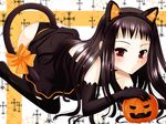  animal_ears ar_tonelico ar_tonelico_ii black_hair blush cat_ears elbow_gloves fake_animal_ears gloves halloween inumori_sayaka jack-o'-lantern jakuri pumpkin red_eyes ribbon solo tail tail_ribbon 