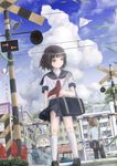  1girl black_hair black_skirt blush brown_eyes cloud cloudy_sky day flower highres kneehighs miniskirt original pleated_skirt ribbon school_uniform serafuku skirt sky taka_(tsmix) teardrop tears 