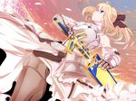  armor armored_dress artoria_pendragon_(all) avalon_(fate/stay_night) bare_shoulders blonde_hair caliburn detached_sleeves dress dutch_angle error fate/stay_night fate/unlimited_codes fate_(series) faulds gauntlets green_eyes hair_ribbon long_hair minatsuki_randoseru petals ponytail profile ribbon saber saber_lily scabbard sheath sky solo sword weapon 