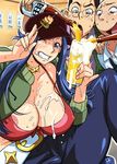  2boys :d :o alcohol areola_slip areolae baseball_cap beer belt bikini_top black_hair blue_eyes blue_hair blush bottle breasts cirima cleavage constricted_pupils covered_nipples cup eating food front-tie_bikini front-tie_top glasses grin harukaze_keisuke hat holding huge_breasts indoors jewelry long_hair looking_at_another looking_at_breasts looking_at_viewer mature mug multiple_boys naughty_face neck_ring necktie nipples ojamajo_doremi one_eye_closed open_mouth orihime_(ojamajo_doremi) outline pants pinky_out pouring rimless_eyewear senou_kouji shirt short_hair sidelocks sitting smile suggestive_fluid swimsuit swimsuit_under_clothes tomboy vest yakitori 
