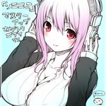  blush breasts cleavage close-up closed_mouth face headphones highres large_breasts long_hair looking_at_viewer nitroplus ooji pink_hair red_eyes simple_background smile solo super_sonico 