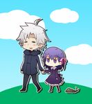  1girl =_= bad_id bad_pixiv_id chibi child crest_worm fate/zero fate_(series) holding_hands jitome matou_kariya matou_sakura mayu_(airmods) purple_hair uncle_and_niece white_hair younger 