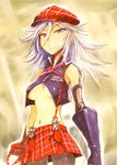  :&lt; alisa_ilinichina_amiella bare_shoulders blue_eyes breasts elbow_gloves gloves god_eater god_eater_burst grey_hair hat hirokazu long_hair medium_breasts midriff navel pantyhose skirt solo suspender_skirt suspenders thighhighs underboob 