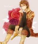  alvin_(tales) boots brown_eyes brown_hair copyright_name cravat flower full_body gloves knee_boots male_focus nya- pants pink_flower pink_rose purple_flower purple_rose red_flower red_rose rose sitting solo tales_of_(series) tales_of_xillia 