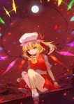  &gt;:) ascot bad_id bad_pixiv_id bare_legs bobby_socks fang flandre_scarlet full_moon hat laevatein light_smile moon red_eyes red_sky side_ponytail sitting sky smile socks solo touhou ume_(plumblossom) v-shaped_eyebrows wings 