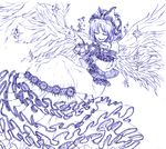  angel_wings bad_id bad_pixiv_id bow chin_rest closed_eyes dress embellished_costume enkoko frilled_dress frills gathers gengetsu hair_bow monochrome short_hair solo sparkle too_many too_many_frills touhou touhou_(pc-98) traditional_media wings 