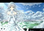  bare_shoulders blush cloud day dress feathers grey_eyes hands_clasped letterboxed long_hair looking_at_viewer original outside_border own_hands_together scenery silver_hair sky solo strapless strapless_dress yankata 