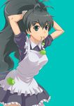  adjusting_hair antenna_hair apron arms_up black_hair blue_eyes breasts don_michael frog ganaha_hibiki idolmaster idolmaster_(classic) long_hair looking_at_viewer maid medium_breasts mouth_hold ponytail simple_background solo wrist_cuffs 