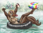  balloon beer beverage bikini breasts can clothed clothing eyes_closed female half-dressed happy inner_tube mammal mustelid nipple_piercing nipples nude otter party piercing sabretoothed_ermine skimpy solo swimsuit tight_clothing topless water webbed_feet whiskers 