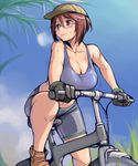  baseball_cap bespectacled bicycle bike_shorts blush breasts brown_eyes brown_hair cleavage glasses gloves ground_vehicle hat large_breasts midriff navel older rozen_maiden shoes short_hair solo souseiseki sports_bra sweat tsuda_nanafushi 