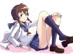  :3 ahoge blue_eyes bowieknife brown_hair jacket kneehighs loafers original panties school_uniform serafuku shoe_dangle shoes short_hair sidelocks skirt solo underwear 