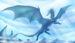  2019 blue_eyes claws day detailed_background digital_media_(artwork) dragon feral flying horn outside scalie sky solo spines western_dragon wrappedvi 
