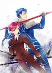  1girl amakura_(am_as) back-to-back bazett_fraga_mcremitz blue_hair fate/hollow_ataraxia fate/stay_night fate_(series) formal gae_bolg gloves highres lance lancer pant_suit pink_eyes pink_hair polearm red_eyes short_hair suit weapon 