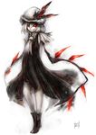  akaitera albino alternate_costume arms_behind_back ascot bad_id bad_pixiv_id banned_artist boots crazy_eyes dress evil_grin evil_smile flandre_scarlet grin hat highres looking_at_viewer pale_skin red_eyes short_hair smile solo touhou wings 