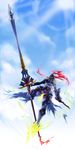  absurdres armor blonde_hair cloud fingerless_gloves gloves greaves helm helmet highres lance long_hair pink_eyes pixiv_fantasia pixiv_fantasia_wizard_and_knight polearm shield sky solo sword todee weapon 