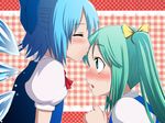  :o bad_id bad_pixiv_id blue_eyes blush bow cirno close-up closed_eyes daiyousei forehead_kiss green_eyes green_hair hair_bow kiss looking_up multiple_girls short_hair short_sleeves side_ponytail tama_go touhou wings yuri 