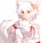  alternate_costume alternate_headwear animal_ears brown_hair dress_shirt face hair_ribbon hand_on_hip inubashiri_momiji lips looking_at_viewer matsuda_(matsukichi) messy_hair no_hat no_headwear orange_hair ribbon shirt short_hair smile solo tail touhou upper_body white_hair wolf_ears wolf_tail 