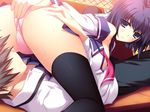  1girl 69 akatsuki_works_hibiki ass ass_grab black_legwear blue_hair blush breast_press breasts footwear game_cg highres iizuki_tasuku large_breasts legs looking_back lovely_x_cation lying panties purple_eyes school_uniform short_hair skirt socks sweat thighs underwear upskirt 