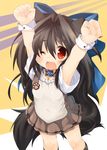  :3 ;d animal_ears arms_up bow brown_eyes brown_hair collar dog_ears dog_tail eyebrows fang hair_bow kannagi_cocoa long_hair one_eye_closed open_mouth original paws skirt smile solo tail toba_hiyoko wrist_cuffs 