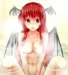  :d aldehyde bat_wings bathing blush breasts censored collarbone convenient_censoring cropped head_wings koakuma long_hair medium_breasts navel nude open_mouth red_eyes red_hair reflection smile solo spread_legs steam steam_censor sweat touhou upper_body v_arms water wings 