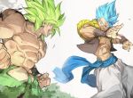  2boys abs blue_hair broly_(dragon_ball_super) clenched_hand clothes_lift dragon_ball dragon_ball_super_broly feet_out_of_frame fighting_stance fingernails frown gogeta green_hair grin looking_at_another male_focus multiple_boys nipples no_pupils outstretched_arms pants profile shaded_face shirtless short_hair smile spiked_hair super_saiyan super_saiyan_blue upper_body upper_teeth waistcoat white_pants wristband yunar 