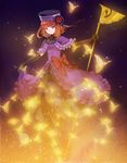  bad_id bad_pixiv_id bow bug butterfly dress elbow_gloves eva_beatrice flower gloves glowing hat insect orange_hair popompon purple_eyes red_flower red_rose ribbon rose skirt skirt_hold smile solo staff umineko_no_naku_koro_ni 