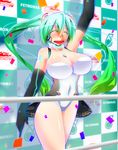  adapted_costume arm_up blush breasts checkered checkered_background choker cleavage closed_eyes colored_eyelashes endou_tatsumi goodsmile_company goodsmile_racing green_hair hatsune_miku headset huge_breasts jewelry long_hair md5_mismatch necklace open_mouth race_queen racing_miku racing_miku_(2011) solo tears twintails very_long_hair vocaloid 