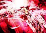  angel_wings blonde_hair bow crazy fangs gengetsu hair_bow highres mr.milk_caramel red red_bow short_hair solo touhou touhou_(pc-98) wings 