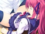  1boy 1girl akatsuki_works_hibiki amagase_yuuki blush breasts closed_eyes eyes_closed large_breasts lovely_x_cation panties pink_hair pink_panties school_uniform sweat underwear 