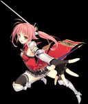  :d absurdres armor ascot belt black_background black_legwear fingerless_gloves gloves greaves highres image_sample kazama_akari koikishi_purely_kiss long_hair looking_at_viewer no_bra open_mouth outstretched_arm pink_hair scabbard sheath smile solo sword thighhighs weapon yandere_sample yellow_eyes yuuki_hagure 