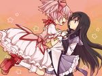  akemi_homura bad_id bad_pixiv_id black_hair bubble_skirt choker closed_eyes frilled_skirt frills hairband holding_hands jumping kaname_madoka long_hair magical_girl mahou_shoujo_madoka_magica miniskirt moke_(gaton) multiple_girls pantyhose pink_hair purple_eyes purple_skirt short_hair skirt smile star twintails 