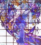  72_(nananatsu) banned_artist blue_hair fish grid looking_at_viewer md5_mismatch original purple_eyes short_hair skirt solo stained_glass standing star wind 